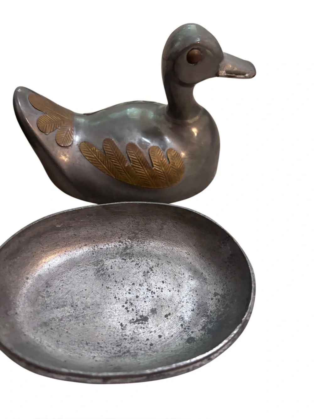 Two Vintage 5” Pewter w/ Brass Ducks w/Lids Trinket Box Heavy - Mid Century